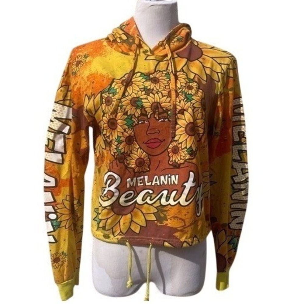 On Fire Melanin Beauty Sunflower Graphic Cropped Hoodie Yellow Orange XL Cotton